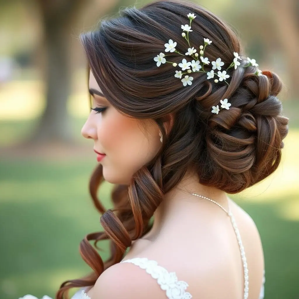 Half-up style with flower accents