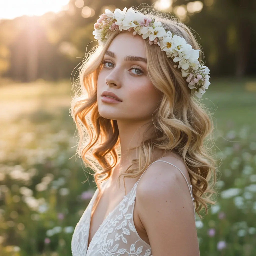 Loose waves with flower crown