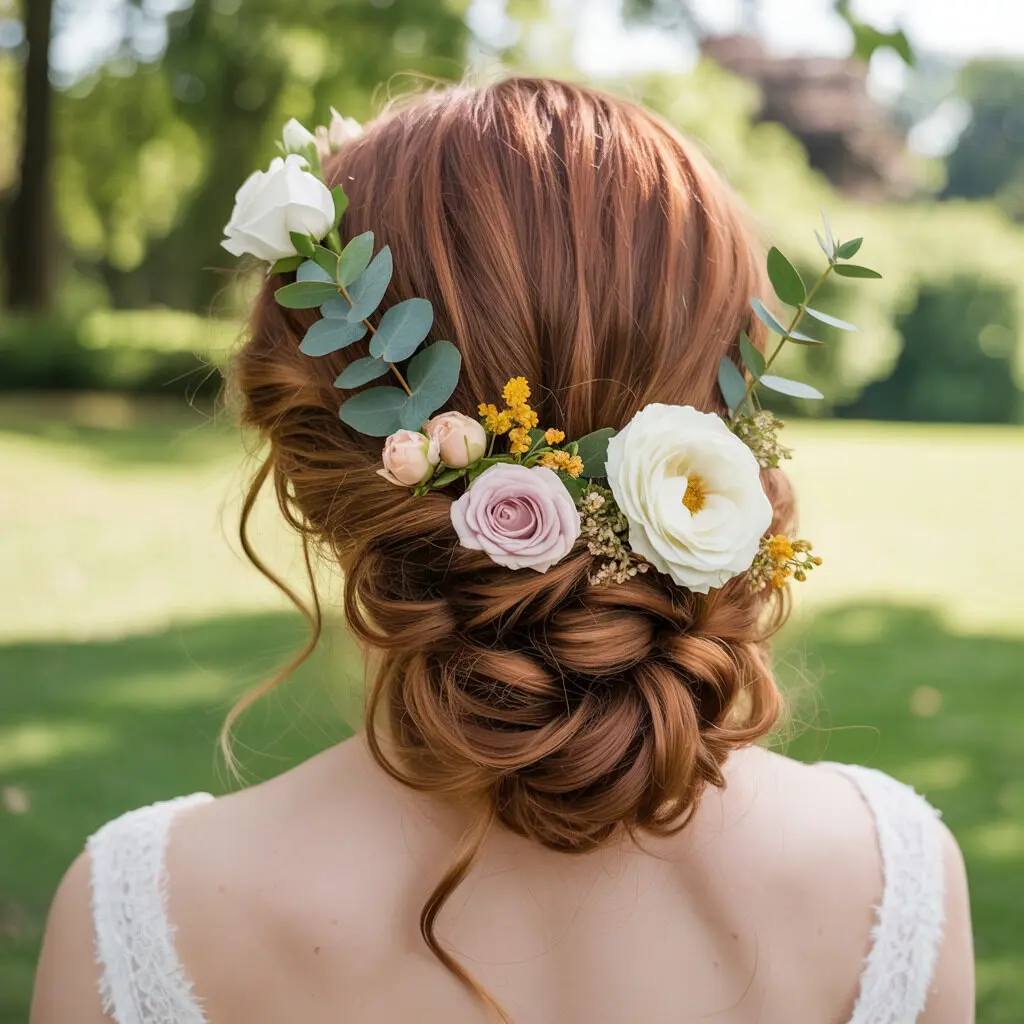 Low bun with flower crown