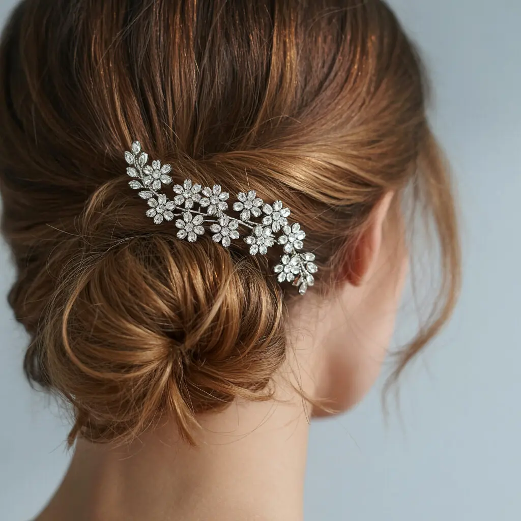 Low chignon with hair vine