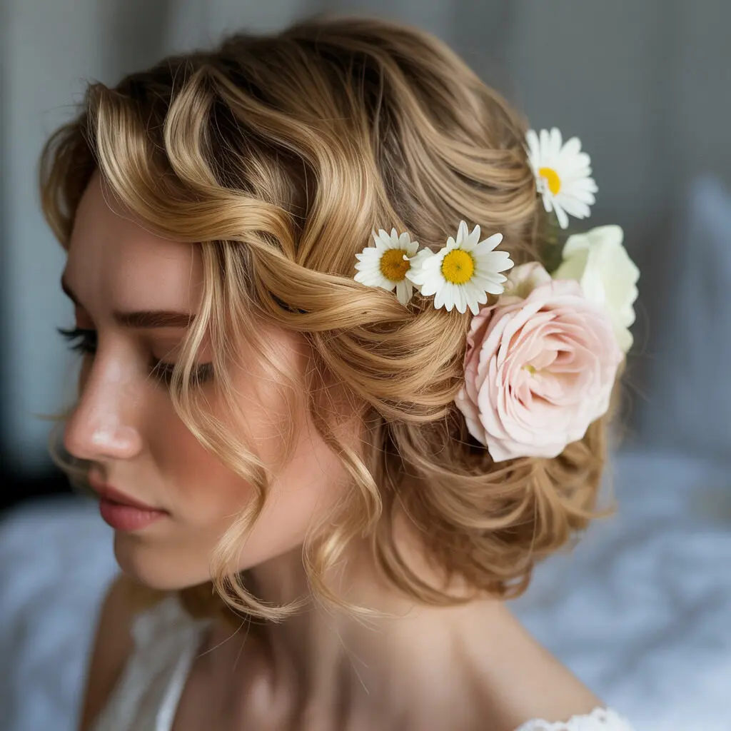 Messy bun with floral accents