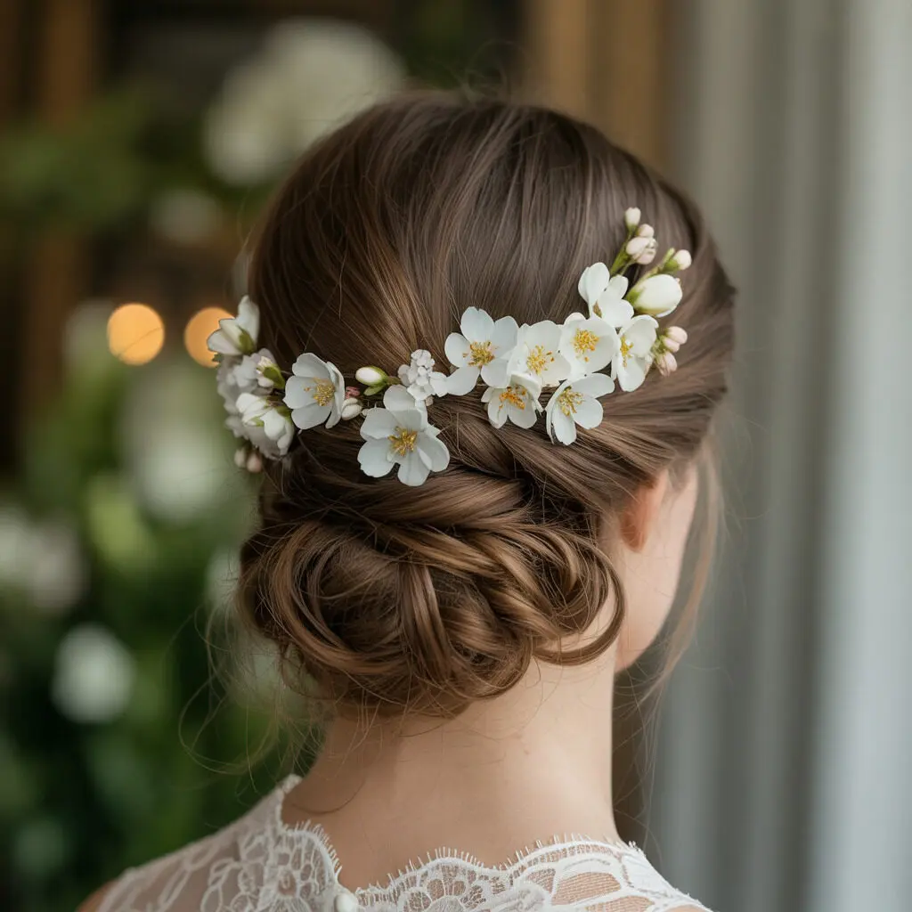 Twisted updo with scattered blooms