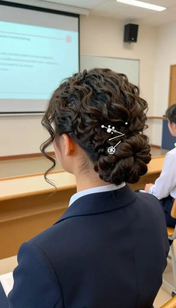 A student with an elegant curly updo secured with decorative pins for a school presentation